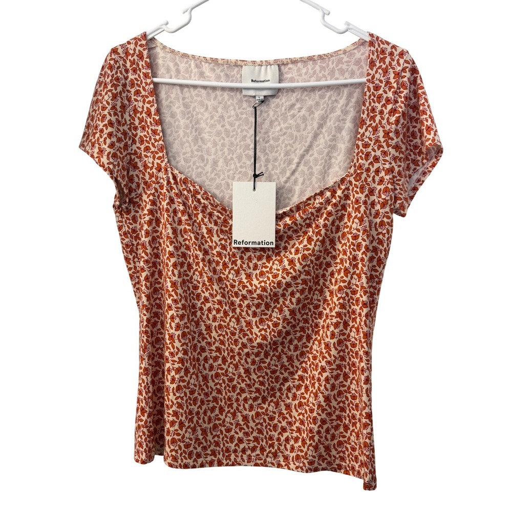 Reformation Orange Floral Square Neck Tencel Short Sleeve Top NWT Size L